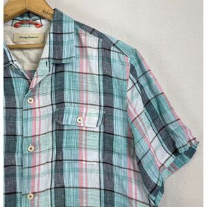 TOMMY BAHAMA 100%‎ Linen Short Sleeve Shirt Mens XL Blue Pink Plaid Modern Fit